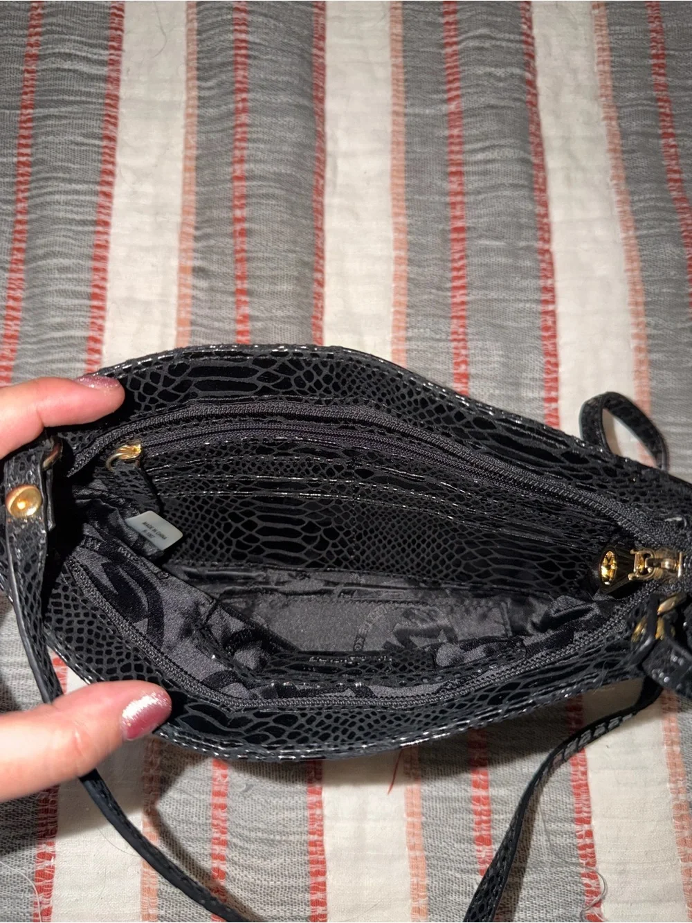 Michael Kors Black Patent Leather Crossbody Bag with Snake-Embossed Texture